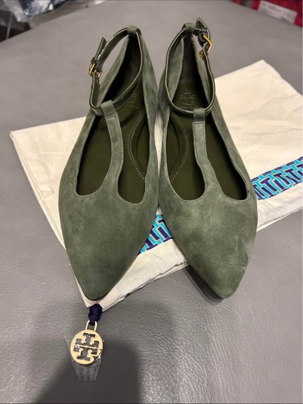 Tory Burch Olive Suede T-Strap Ballet Flat - Picture 4 of 8